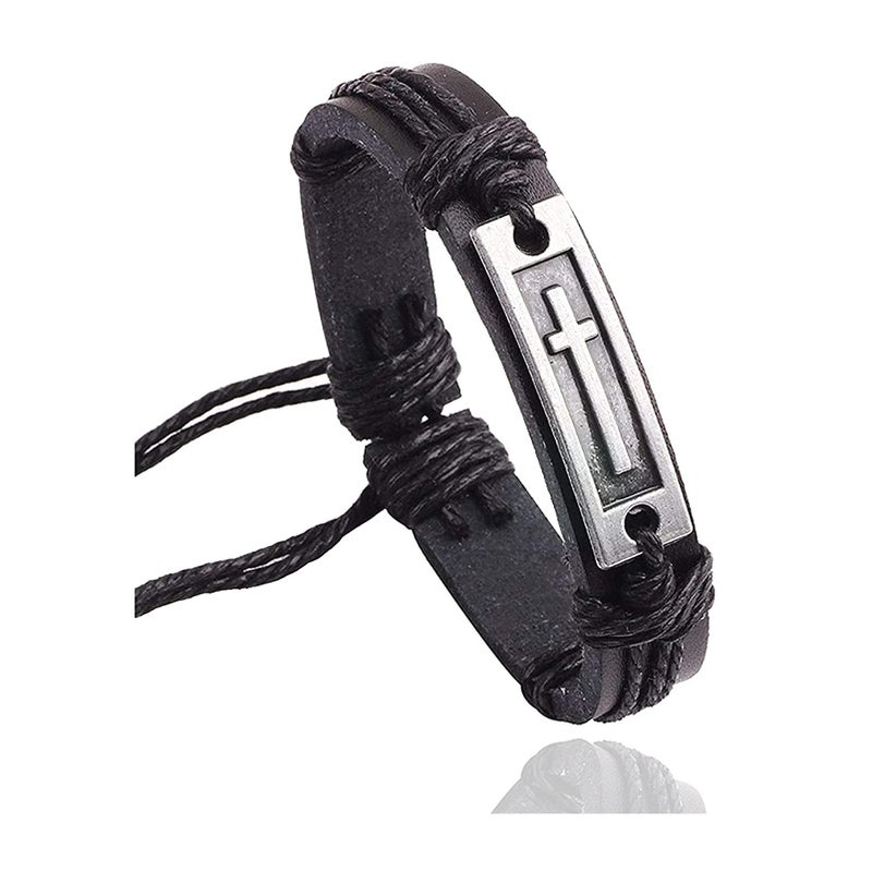 Fusamk Fashion Cross Tag Bangle Adjustable Leather Cuff Wristband Drawstring Rope Bracelet(Black) - Image 1